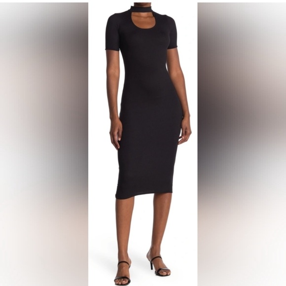 LOVE ADY Dresses & Skirts - LOVE ADY‎ Ribbed Knit, Neck Cutout, Black Midi Dress Size Large NWT